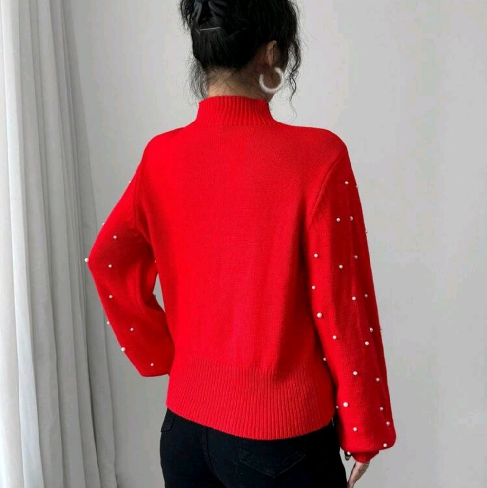 Women's Fashionable Pearl Beaded Turtleneck Drop Shoulder Loose Knit Pullover - Picture 2 of 4